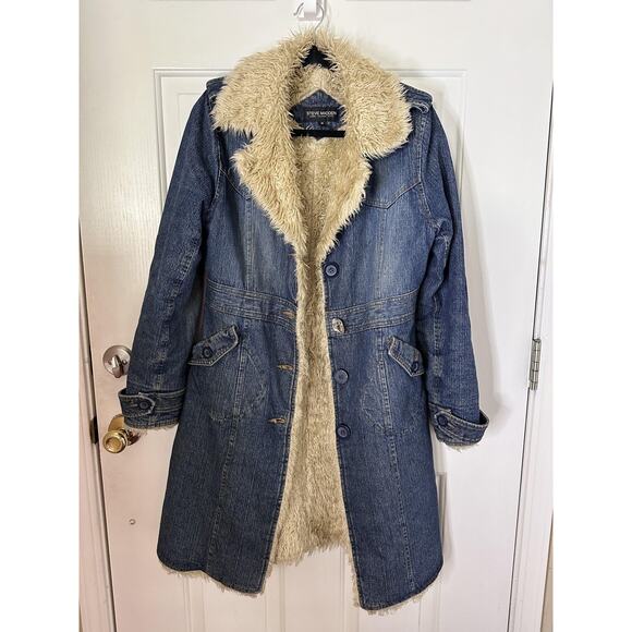 VTG Steve Madden Coat Womens Medium Blue Denim Faux Shearling Lined Long Y2K - Picture 9 of 10